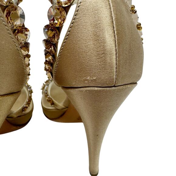 Prada Jeweled Satin Ankle Strap Heels Gold Bow Embellished Sandals 37 - Picture 7 of 10